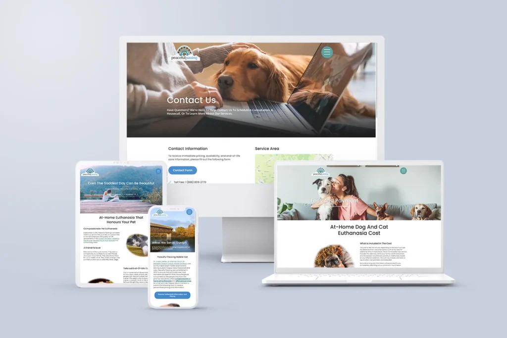 a group of devices with the web design from peaceful passing on them